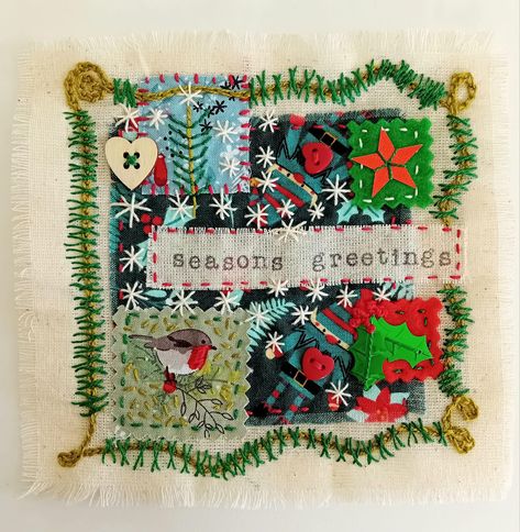 Christmas Slow Stitching, Fiber Collage, Fabric Christmas Cards, Christmas Journals, Christmas Stitching, Stitch Crafts, Christmas Stitch, Christmas Patchwork, Christmas Collage