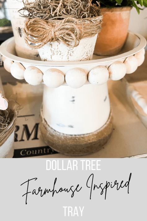 Diy Farmhouse Inspired Riser - Create Make Decorate with Nikki Dollar Tree Fall Farmhouse Decor, Diy Farmhouse Tiered Tray, Boho Craft Ideas Diy Projects, Easy Diy House Decor Ideas, Dollar Tree Diy Tray, Diy Dollar Tree Tiered Tray, Boho Farmhouse Diy Crafts, Diy Trays Ideas, How To Decorate With Wooden Beads