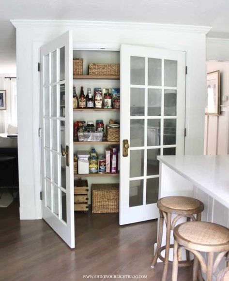 Small Pantry Closet, Wall Pantry, Organize Pantry, Pantry Closet Design, Glass Pantry Door, Glass Pantry, Closet Diy, Pantry Remodel, Pantry Wall