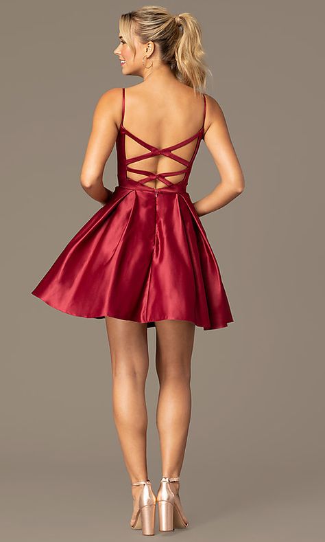 Open-Back Short Skater-Skirt Hoco Dress - PromGirl Dresses Open Back, Hoco Dress, Ranveer Singh, Dresses Elegant, Hoco Dresses, Dance Dresses, Blackheads, Satin Dresses, Skirt Fashion