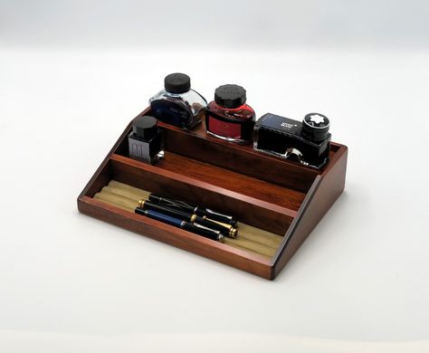 Fountain Pen Holder For Desk, Organizing Boxes, Fountain Pens Writing, Wooden Interior, Stationary Storage, Office Stationary, Watch Cases, Home Library Design, Pen Collection