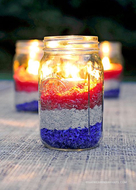 Red White Blue Rice Candle Centerpiece + 50 Festive Memorial Day BBQ Ideas...creative ways to kick-off summer and celebrate our freedom while remembering our fallen heroes! Jar Decoration Ideas, Patriotic Centerpieces, Blue Party Decorations, Blue Centerpieces, Paris Party, 4th Of July Celebration, Patriotic Party, 4th Of July Decorations, Blue Party