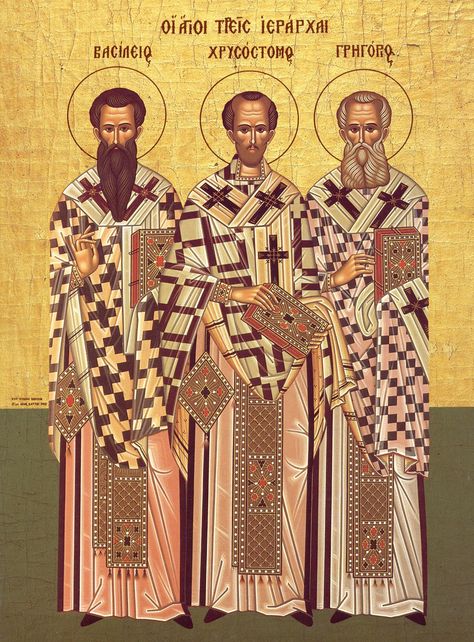 Saints Basil the Great (Jan 1), Gregory the Theologian (Jan 25), and John Chrysostom (Nov 13) are The Three Holy Hierarchs of Orthodoxy. During the 11th century, people in Constantinople didn't know which of them was the greatest. So, they appeared in 1084 to St. John Mauropous ('Black-foot'), Bishop of Euchaita, saying they were equal before God: "There are no divisions among us, and no opposition to one another." St. John chose January 30 as joint feast, peacefully ending the controversy. Ignatian Spirituality, Saints Quotes, Early Church Fathers, Saint Gregory, John Chrysostom, Traditional Catholicism, St Jerome, Eastern Orthodox Church, St Basil's