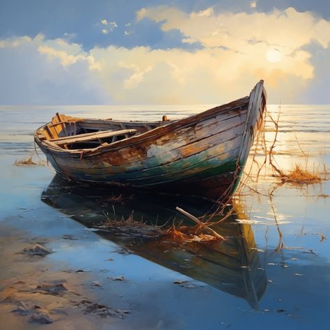 Draw an old boat floating in the water in an oil painting style. Boats Oil Painting, Boat In Water Painting, Old Oil Paintings Aesthetic, Sailboat Pictures, Ship On The Sea, Boat Oil Painting, Boat Sketch, Pirate Illustration, Boat Drawing