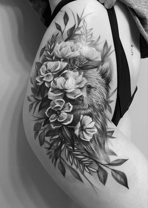 Half Bear Half Flower Tattoo, Bear In Flowers Tattoo, Bear Sleeve Tattoo For Women, Bear Tattoos With Flowers, Women Bear Tattoo, Bear Hip Tattoo, Bear Tattoo Feminine, Forest Animal Tattoos For Women, Bear Floral Tattoo