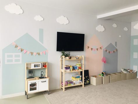 Painted House On Wall Playroom, House Painted On Wall Kids, Playroom Mural Ideas Diy, Kids Room Murals Diy, Bright Playroom, House Mural, Kids Church Rooms, Playroom Mural, Kids Room Murals