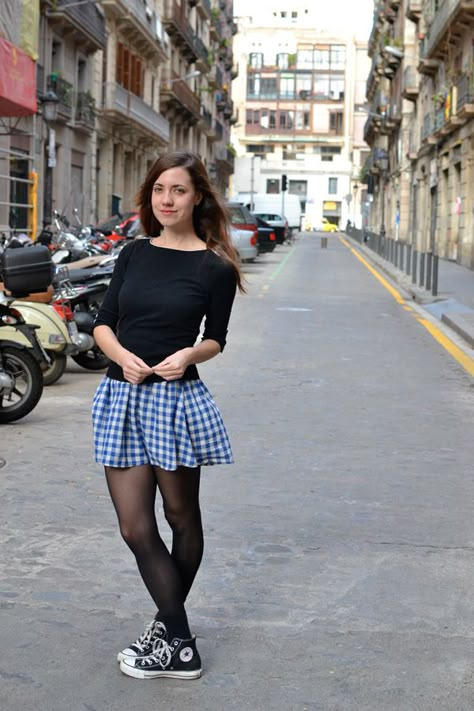 Black sheer pantyhose, converse shoes and checkered blue and white skirt Panty Hose Outfits, Tights And Sneakers, Ruby Slipper, Tights Outfits, Black Pantyhose, Fashion Tights, Black Tights, Tight Leggings, Wearing Black