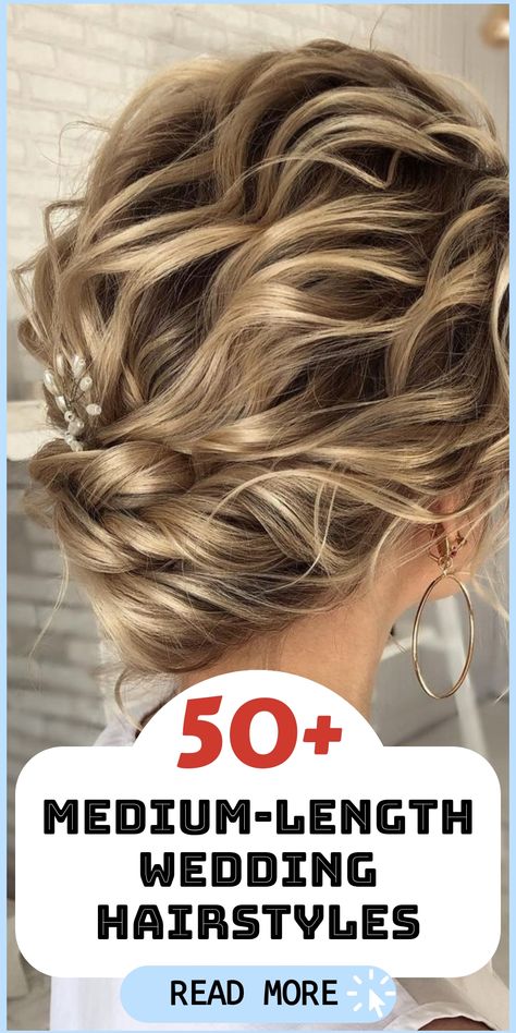 Discover gorgeous medium-length wedding hairstyles that will make you shine on your special day as you prepare to say "I do." From romantic curls to elegant chignons, there's a hairstyle perfect for every bride-to-be. Whether you prefer a classic or modern look, medium-length hairstyles offer versatility and beauty that complements any bridal gown. Loose Hair Up Styles, Medium Hair Bridal Styles, Bridal Hair Ideas Medium Length, Med Hair Styles For Wedding, Wedding Hairstyles For Medium Length Hair Half Up, Partial Updo For Fine Hair, Up Hair Styles For Medium Length Hair, Hair Styles For Mother Of The Groom Medium Lengths, Medium Length Up Do