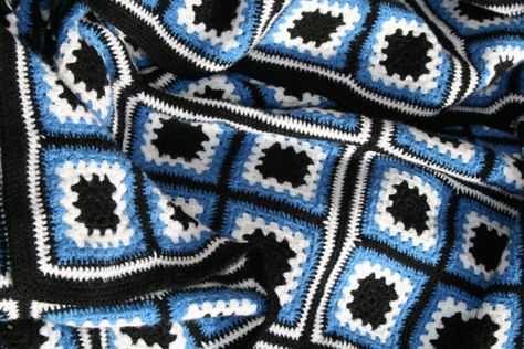 French Vintage Afghan Black, blue and white. White And Blue Granny Squares, Blue Black And White Crochet Blanket, Blue Granny Square Blanket, Black And Blue Crochet Blanket, Navy Blue Crochet Blanket, Blue Crochet Blanket, Granny Square Blanket Blue, Granny Square Bag, White Blanket