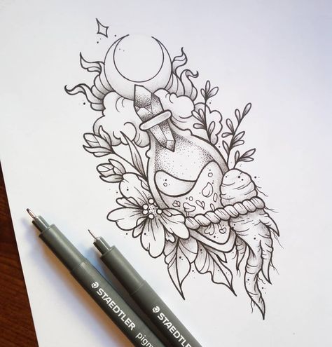 Herbalism Tattoo, Witchy Herbal Tattoos, Body Is A Temple, Tattoo Outline, Tattoo Flash Art, Star Tattoos, Witch Art, Flash Art, Beautiful Drawings