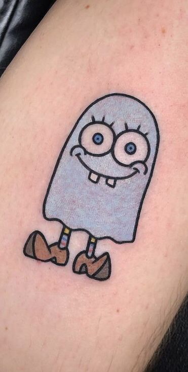 Halloween Spongebob Tattoo, Flowers From Spongebob Tattoo, Sponge Bob Matching Tattoos, Tiny Spongebob Tattoo, Cartoon Halloween Tattoos, Childhood Show Tattoos, Spongebob Jelly Fish Tattoo, Squish Tattoo, Spongebob Cloud Tattoo