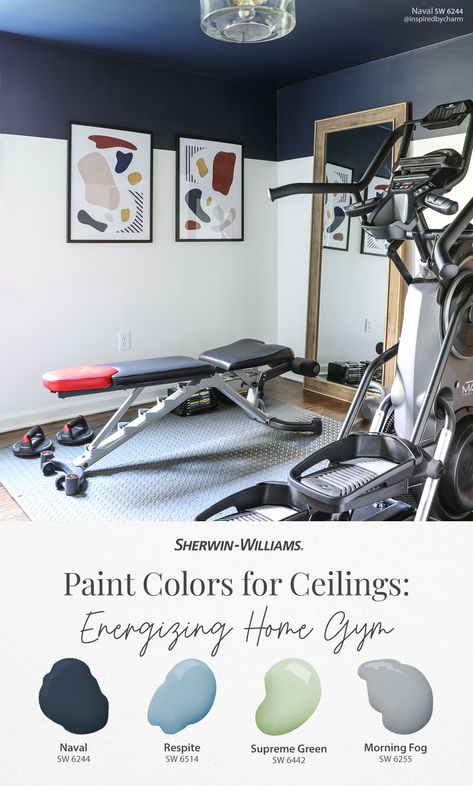 Crank up the creativity in your home gym by painting the ceiling in a blue, green, or gray paint color from Sherwin-Williams. To draw the eye upward, paint a horizon line several feet down from the ceiling then paint the remaining walls in Pure White SW 7005. Love these hues? Tap this pin to order free color chips delivered in the mail! Thanks for sharing your #SWColorLove, @inspiredbycharm. #sherwinwilliams #homegym #paint #ceiling #ceilingpaint #colorinspiration #diy #interiordesign #decor Best Gym Paint Colors, Home Gym Wall Decor Paint Colors, Gym Colors Ideas Wall, Gym Room Paint Wall Colors, Workout Room Paint Colors Home Gyms, Gym Wall Colors, Garage Gym Paint Ideas, Home Gym Color Scheme, Gym Paint Ideas