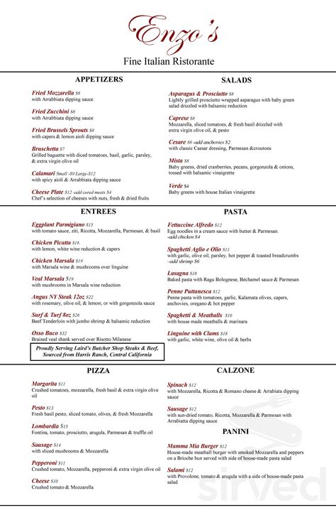 Enzo's Italian Restaurant menu in Santa Paula, California, USA Italian Restaurant Menu Ideas, Italian Menu Ideas, Italian Restaurant Menu Design, Italian Dinner Menu, Santa Paula California, Italian Food Menu, Fine Dining Menu, Pasta Menu, Prosciutto Asparagus