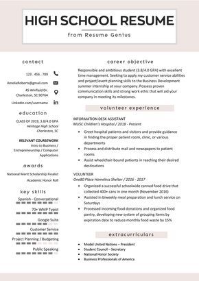 High School Student Resume Sample & Writing Tips | Resume Genius Resume For College Application, Resume Template For High School Students, High School Resume Examples, High School Resume For College, Resume Template For Students, High School Portfolio Ideas, Resume Examples For High School Students, Highschool Resume, Resume For High School Student