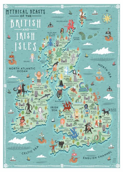 Digital Maps of the Ancient World on Twitter: "Mythical Creatures of the British and Irish Isles. Image: NeilParkinsonMakes #AncientMaps… " Herne The Hunter, Roi Arthur, Irish Mythology, Mythical Beasts, Loch Ness Monster, Mythical Beast, Illustrated Map, British Isles, Map Poster