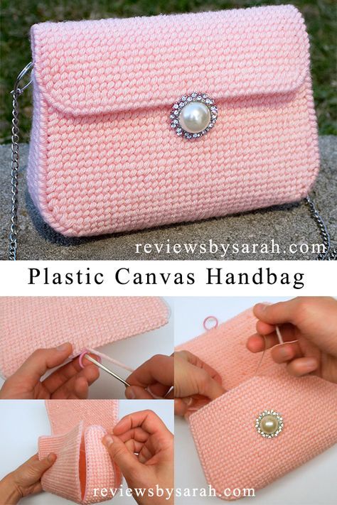 DIY Tutorial How to Make Plastic Canvas Bag Purse Handbag with YouTube Tutorial Video by Sarah Wolfe from Reviews by Sarah Plastic Canvas Bag, Pola Jaring, Plastic Purse, Canvas Bag Diy, Handbag Ideas, Handbag Sewing Patterns, Sac Diy, Plastic Canvas Stitches, Canvas Diy