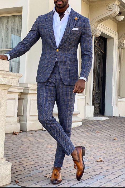 This is a blue plaid two piece suit that is the perfect bespoke suit for any gentleman. This custom suit is perfect business suit for any businessman. If you would like a suit like this custom made for you, book an appointment online with us at Giorgenti New York! Blue Windowpane Suit Men, Blue Plaid Suit For Men, Checkered Suit Men, Blue Checkered Suit, Plaid Suit For Men, Business Suits Men, Mens Check Suits, Plaid Suit Men, Blue Check Suit