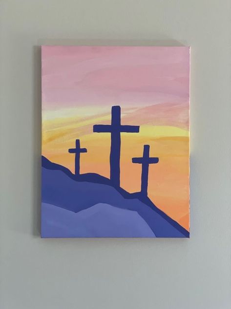 Easy Paintings With Meaning, Simple Diy Canvas Painting, Cross Sunset Painting, 3 Crosses Painting, Christian Simple Painting, Sunset With Cross Painting, Easy Cross Paintings On Canvas, Cross Canvas Paintings Easy, Canvas Cross Painting