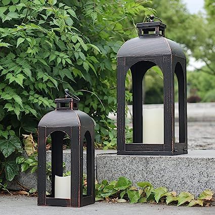 Farmhouse Lantern Decor, Floor Lanterns, Front Porch Patio, Metal Candle Lanterns, Farmhouse Lantern, Home Lanterns, Patio Wedding, Hanging Candle Holder, Hanging Candle