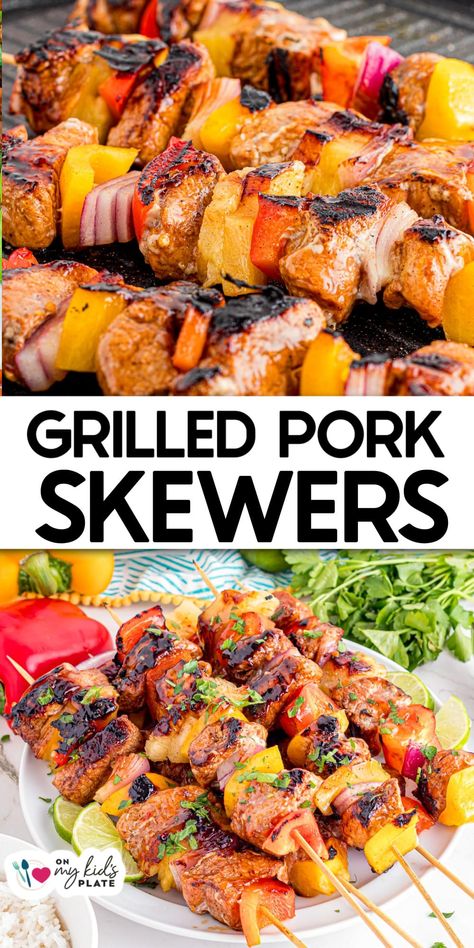 Pineapple Bacon Bourbon Pork Skewers, Smoked Skewers, Pork Skewers Kabobs, Grilled Pork Skewers, Pork With Pineapple, Cubed Pork, Outdoor Recipes, Pork Kebabs, Pork Kabobs