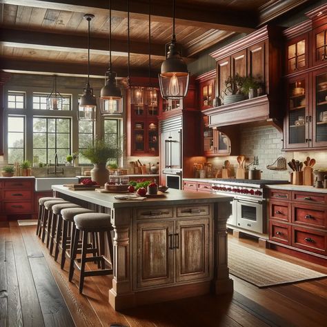 rustic red farmhouse kitchen cabinets Best Cabinet Colors, Red Farmhouse Kitchen, Hardwood Kitchen, Purple Cabinets, Colorful Kitchens, Red Cabinets, Yellow Cabinets, Colorful Backsplash, Red Farmhouse