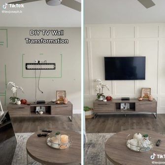 Ideas for Decorating a TV Wall Hanging Tv Wall Decor, Box Molding Tv Wall, Tv On Paneled Wall, Ideas For A Tv Wall, Molding Behind Tv, Wall Trim Around Tv, Grid Wall With Tv, Statement Wall Behind Tv, Long Wall Decorating Ideas Living Room With Tv