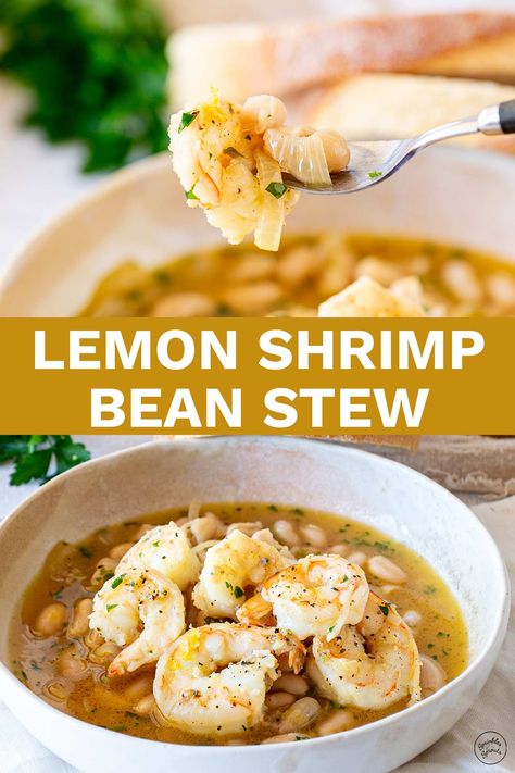 This lemony shrimp and bean stew is the perfect light and cozy dish for any time of year! Packed with plump shrimp, tender beans, and a zesty lemon broth, it's a one-pot meal that's comforting and refreshing. It all comes together in under 30 minutes, making it an excellent choice for busy weeknights. Just a few fresh ingredients and pantry staples are all you need to create this easy meal. Serve it with crusty bread to soak up the flavorful broth. Shrimp Broth Recipe, Shrimp Parmesan Pasta, Low Calorie Soup Recipe, Sprouts Recipes, Shrimp Stew, Lemon Shrimp, Low Calorie Soup, Shrimp Soup, Healthiest Seafood