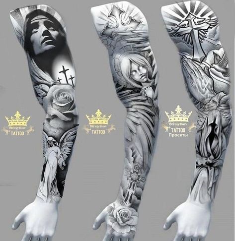 Jesus Tattoo Sleeve, Religious Tattoo Sleeves, Religous Tattoo, Angel Sleeve Tattoo, Voll Arm-tattoos, Chicano Tattoos Sleeve, Heaven Tattoos, Full Sleeve Tattoo Design, Men Tattoos Arm Sleeve