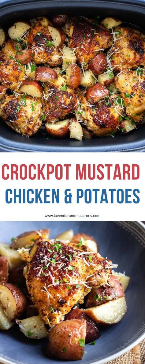 This Crockpot Mustard Chicken with Potatoes is all about turning a classic dinner recipe into an easy, hearty, and delicious family meal. Honey Mustard Chicken Crockpot, Slow Cooker Chicken Potatoes, Crockpot Chicken And Potatoes, Potato Recipes Crockpot, Honey Mustard Chicken Recipes, Crockpot Chicken Thighs, Chicken With Potatoes, Red Potato Recipes, Mustard Chicken Recipes