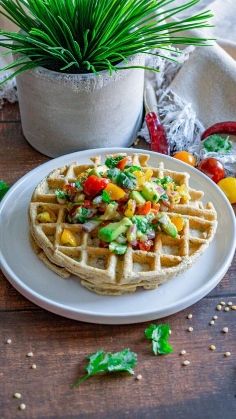 Savory Lentil Waffles |GF| High Protein Lentil Waffles, Vegan Waffles, Plant Food, Nutrition Information, Garam Masala, High Protein, Cherry Tomatoes, Lentils, Vegan Gluten Free