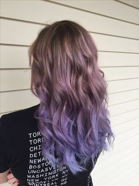 Brown Hair With Peek A Boo Highlights, Purple Hair With Tinsel, Balayage Hair Purple Lavender, Light Brown Hair With Purple Tips, Brown To Purple Ombre Hair, Lavender Ombre Hair, Purple Hair Ombre, Ombre Purple Hair, Lavender Hair Ombre