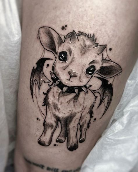 Goth Calf Tattoo, Halloween Animal Tattoo, Witchy Tattoos Ideas, Evil Goat Tattoo, Gothic Animal Tattoo, Cute Dark Tattoos, Witchy Arm Tattoo, Cute Baphomet Tattoo, Devil Goat Tattoo