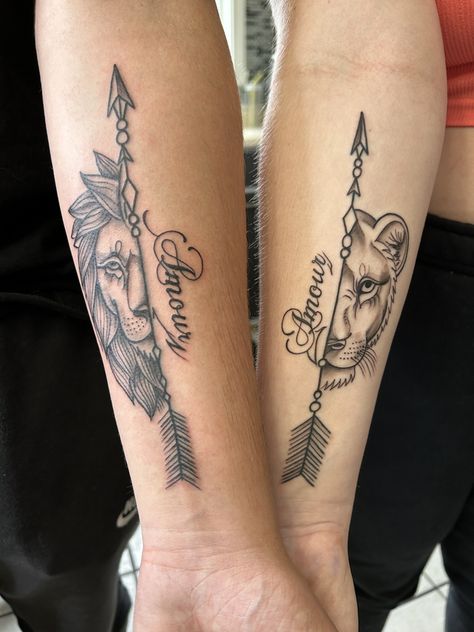 Lion Couple Tattoo, Couples Lion Tattoo, Matching Tattoos For Couples, Couple Tattoo Ideas, Peter Pans, Tattoos For Couples, Best Couple Tattoos, Stunning Tattoos, Penguin Tattoo