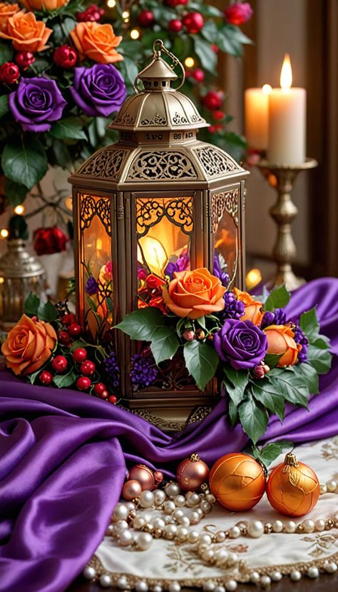 Christmas lantern in elegant purple and orange decoration - AI creation Lamp Photo, Clip Art Frames Borders, Afternoon Quotes, Cross Wallpaper, Christmas Lantern, Pretty Pink Princess, Good Morning Beautiful Pictures, Orange Decor, Purple And Orange