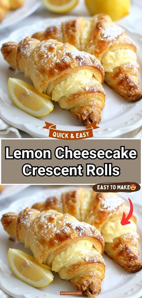 LEMON CHEESECAKE CRESCENT ROLLS!! 🍋💛 So easy to make, insanely delicious! Delicate flaky crescent rolls are stuffed with a dreamy lemon cheesecake filling, topped with a quick sweet-tart lemon glaze! Creasant Roll Recipes, Cheesecake Crescent Rolls, Crescent Roll Recipes Dessert, Easy Lemon Cheesecake, Crescent Roll Dessert, Crescent Roll Cheesecake, Lemon Cream Cheese Bars, Cream Cheese Crescent Rolls, Lemon Cheese