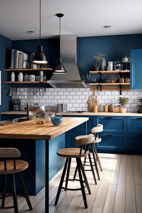 Blue Cabinets With Butcher Block, Navy Blue Cabinets, Dark Blue Kitchen Cabinets, Home Haunted House, Country Kitchen Backsplash, Kitchen Butcher Block, Dark Blue Kitchens, Haunted House Decor, Timeless Kitchen Design