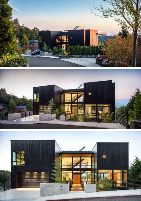 This home, located on a steep lot in Portland, Oregon, with views towards Mt. St. Helens and Mt. Rainier, has been designed for a family that loves music. Mt St Helens, Home Designs Exterior, Mount Baker, Shipping Container Home Designs, Hillside House, Shipping Container House Plans, Building A Container Home, Container House Plans, Casa Container