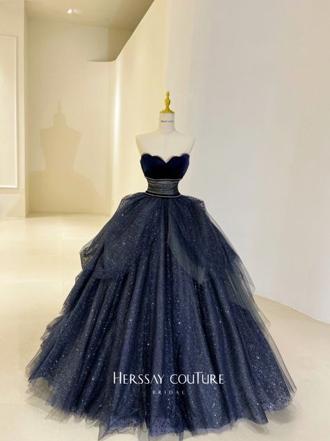 Ball Gowns Debut, Midnight Blue Ball Gown, Debut Gowns 18th Elegant, Debutante Gowns, Celestial Dress, Debut Dresses, Royalty Dress, Night Gown Dress, Blue Ball Gowns