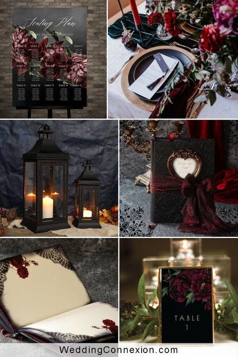 Dark Outdoor Wedding, Black And Burgundy Wedding, Burgundy Wedding Theme, Dark Romantic Wedding, Gothic Wedding Theme, Burgundy Wedding Colors, Dark Wedding Theme, Maroon Wedding, Goth Wedding