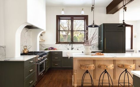 Traditional Kitchen Renovation, Bria Hammel, Floor Renovation, White Shaker Cabinets, L Shaped Kitchen, Popular Kitchens, Green Cabinets, Kitchen Trends, Functional Kitchen