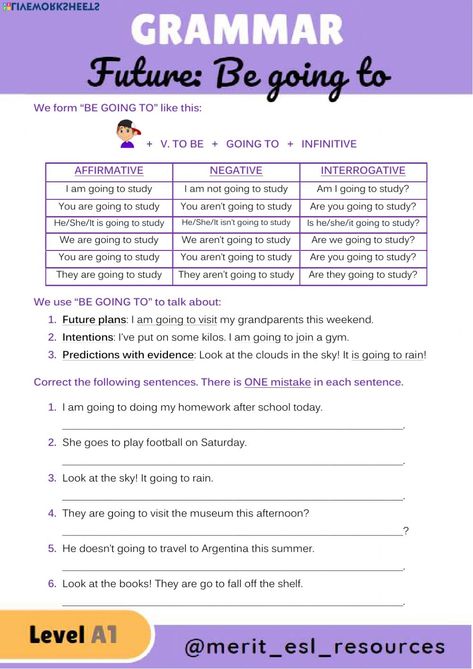 Ejercicio de Future - BE GOING TO Be Going To Grammar, Be Going To Worksheet, English Language Learning Activities, English Homework, Teaching Lessons Plans, Reading Comprehension Kindergarten, Grammar For Kids, English Learning Books, English Teaching Resources