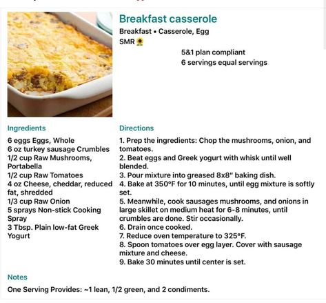 Breakfast Casserole Lean And Green Breakfast, Medifast Recipes, Optavia Lean And Green, Meals Breakfast, Cauliflower Pizza Crust Recipe, Lean Protein Meals, Green Breakfast, Lean And Green, Lean And Green Meals