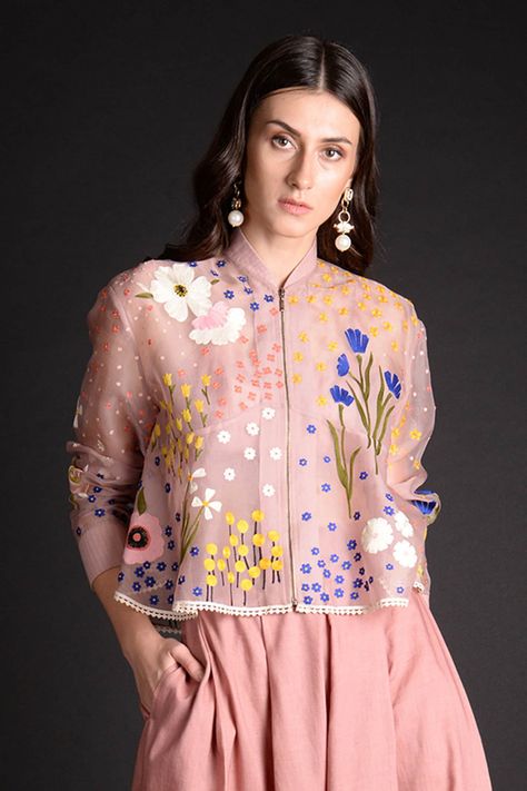 Shop for these amazing collections of Pink Silk Organza Mandarin Collar Handcrafted Jacket For Women by Sahil Kochhar online at Aza Fashions. Sahil Kochhar, Organza Jacket, Organza Shirt, Sheer Jacket, Organza Top, Chain Stitch Embroidery, Coord Set, Palazzo Set, Trendy Dress Outfits