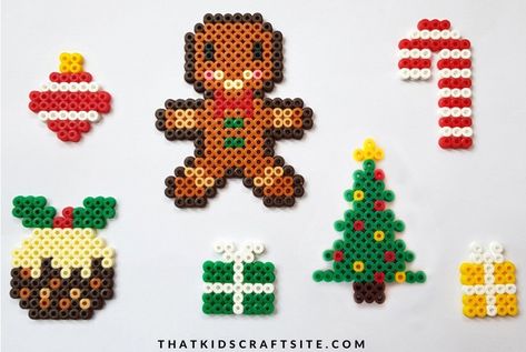 Christmas Perler Bead Patterns - That Kids' Craft Site Perler Bead Patterns Free, Perler Bead Christmas Tree, Christmas Perler Bead Patterns, Perler Bead Christmas, Bead Patterns Free, Bead Christmas Tree, Gingerbread Man Crafts, Christmas Perler Beads, Man Crafts