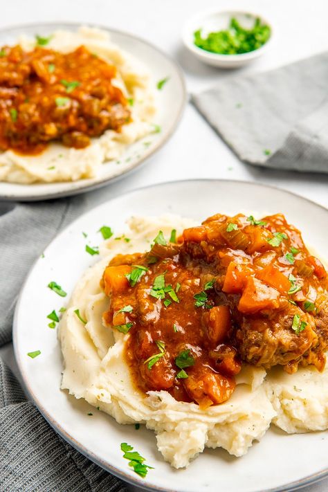 Instant Pot Swiss Steak Beef Over Mashed Potatoes, Steak In Instant Pot, Instant Pot Swiss Steak Recipe, Instant Pot Swiss Steak, Swiss Steak Recipe, Sukiyaki Recipe, Steak Menu, Over Mashed Potatoes, Ground Beef Pasta