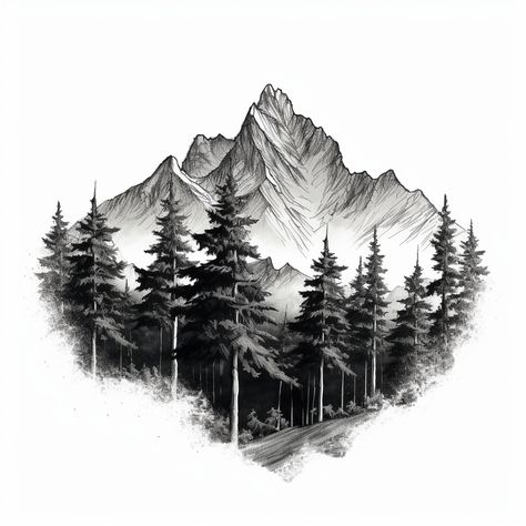 Tattoo Of Mountains And Trees, Tattoo With Trees And Mountains, Fine Line Mountain And Trees Tattoo, Mountain And Trees Drawing, Mountains Trees Tattoo, Tree And Lake Tattoo, Tattoos Mountains And Trees, Mountain Forest Drawing, Mountaineer Tattoo