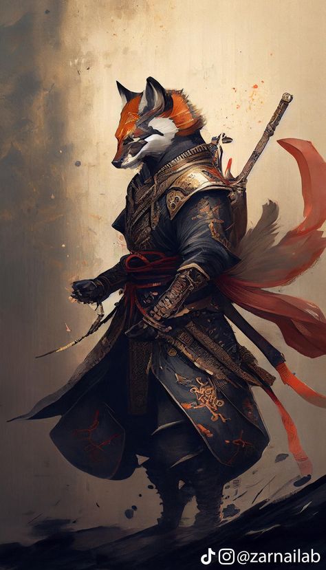 Fox Samurai Art, Fox Folk Dnd, Kitsune Dnd, Samurai Animals, Kitsune Samurai, Fox Samurai, Fox Ninja, Fox Warrior, Japanese Fox