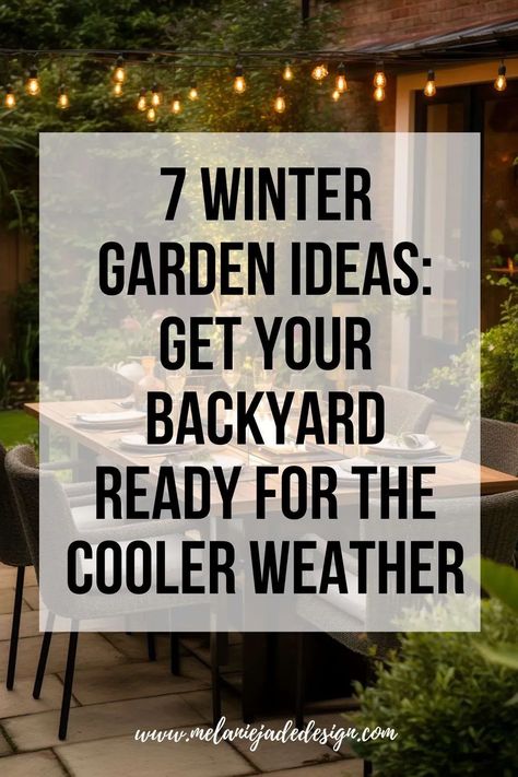 Prep your garden for winter wonder! ❄🌿 Dive into 7 transformative ideas to keep your backyard vibrant during the cooler months. From frost-resistant plants to cozy outdoor nooks, discover how to make your outdoor space a chilly-season paradise. Embrace the beauty of winter in your garden! 🍂❄🌼 #WinterGardenTips #ColdWeatherPrep #BackyardBliss Tranquility Garden Ideas, Holiday Garden Ideas, Winter Courtyard Garden, Winter Back Patio Ideas, Winter Patio Decor Outdoor Spaces, Winter Outdoor Dining, Winter Garden Containers, Garden Winter Ideas, Backyard Winter Ideas