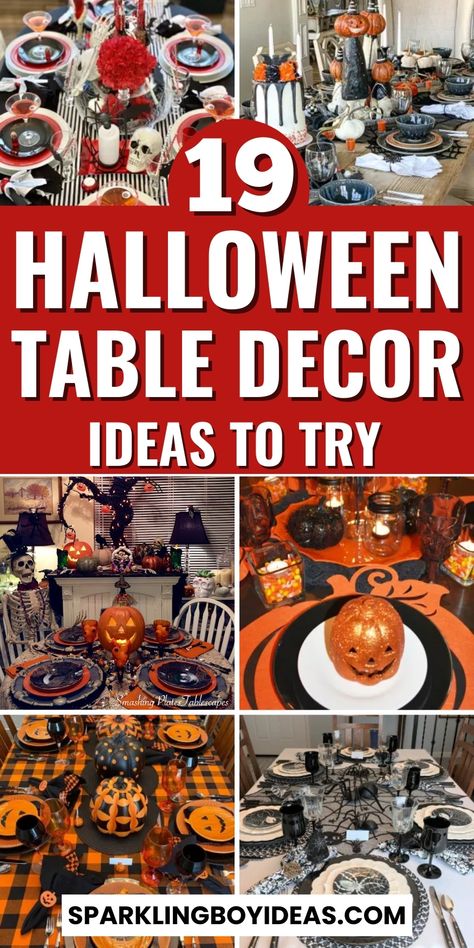 19 Easy Halloween Table Decor 1 Halloween Dinner Table, Orange Decorations, Halloween Dining Room, Halloween Table Centerpieces, Halloween Centers, Halloween Table Settings, Halloween Table Decor, Halloween Party Table, Halloween Tablescape