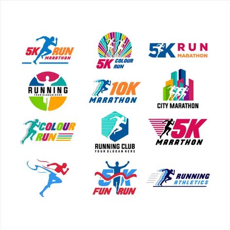 Run sport club logo templates set emblems Vector Image Triathlon Logo Design, Marathon Branding, Sport Club Logo, Marathon Poster, Marathon Posters, Running Logo, Running Posters, Logo Event, Sports Organization